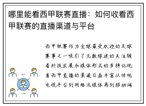哪里能看西甲联赛直播：如何收看西甲联赛的直播渠道与平台