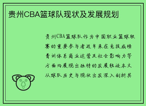 贵州CBA篮球队现状及发展规划